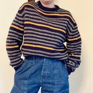 Vintage Carl Michaels 100% Wool Navy Blue Gray & Yellow Crewneck Sweater- Large